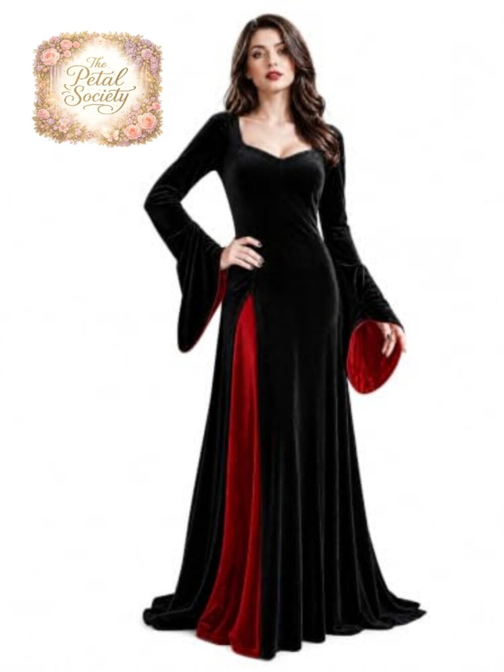 Gothic Velvet Maxi Dress Victorian Vampire Costume Long Flared Sleeve